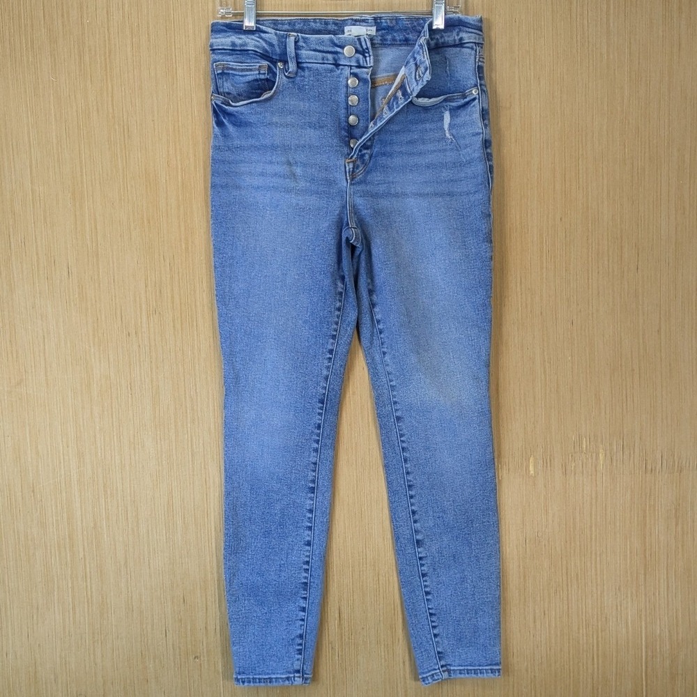 Good American High Rise Skinny Jeans 12/31 Blue Button Fly High Rise Distressed